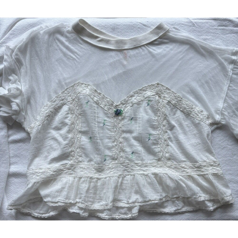 Free People White Short Sleeve Sheer Shirt Lace Crop-VERY THIN (SEE  THROUGH) M